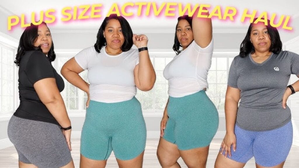 "A plus-size woman showcasing different styles of activewear shorts in a home setting. She is wearing a variety of plus-size active shorts in different colors, including teal, gray, and purple, paired with matching tops. The image highlights her confidence and the comfortable fit of the activewear, with a bright and spacious background."