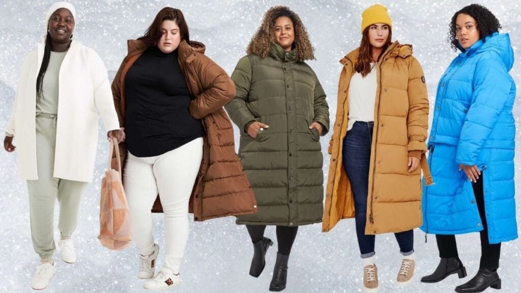 "Plus-size women wearing stylish long puffer jackets in different colors, perfect for winter, showcasing comfort and fashion in a festive winter-themed backdrop."