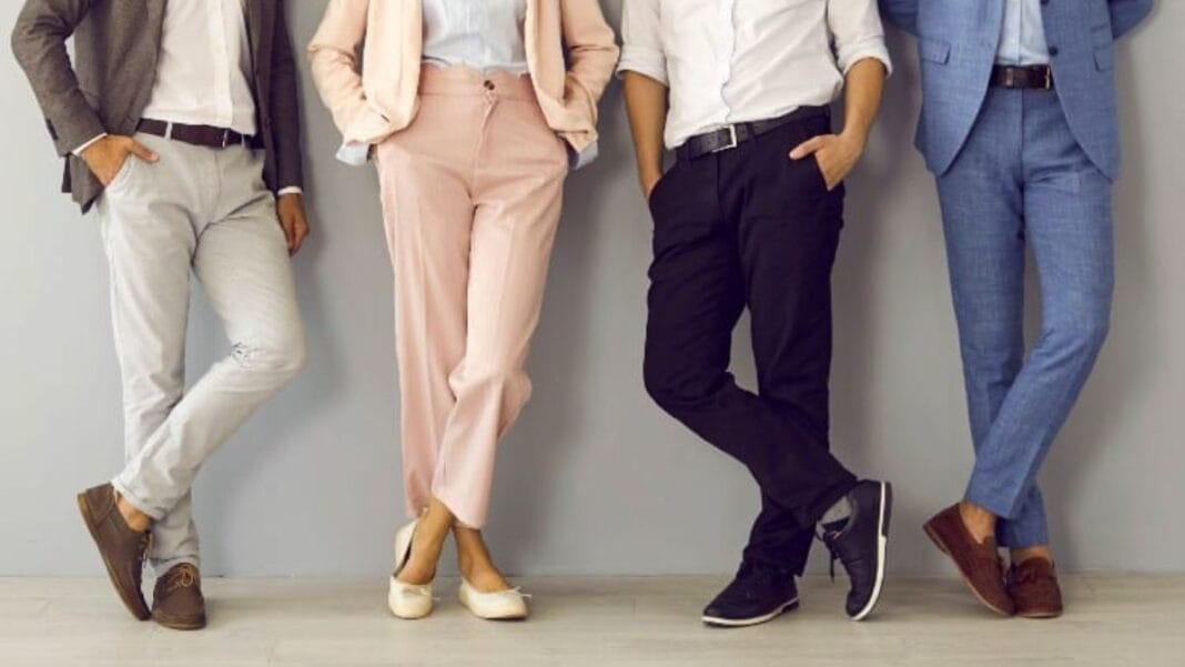 Different type of pants including light-colored chinos and formal slim-fit trousers
