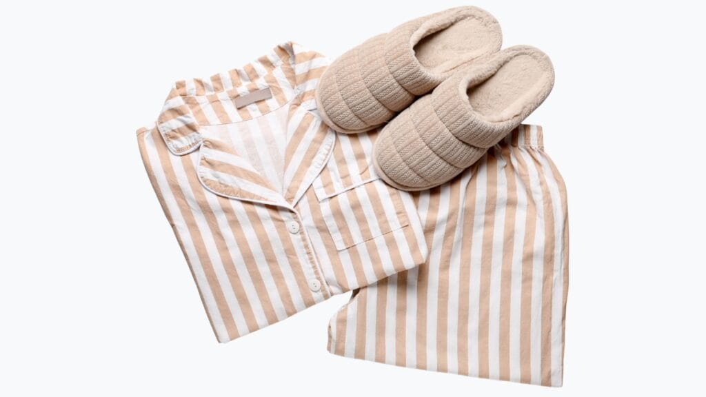 Cozy striped cotton sleepwear set with matching slippers, perfect for a relaxed night’s sleep