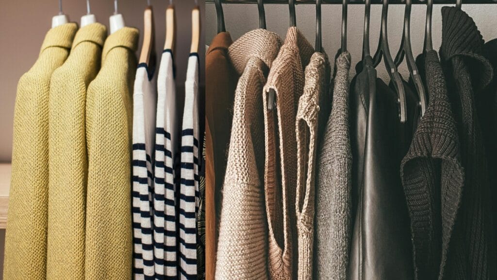 Various clothing items made from coarse fabric hanging on racks