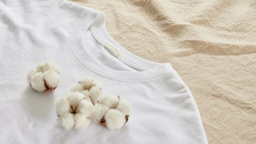 Cotton bolls on a white cotton t-shirt, showing the natural material of the fabric.