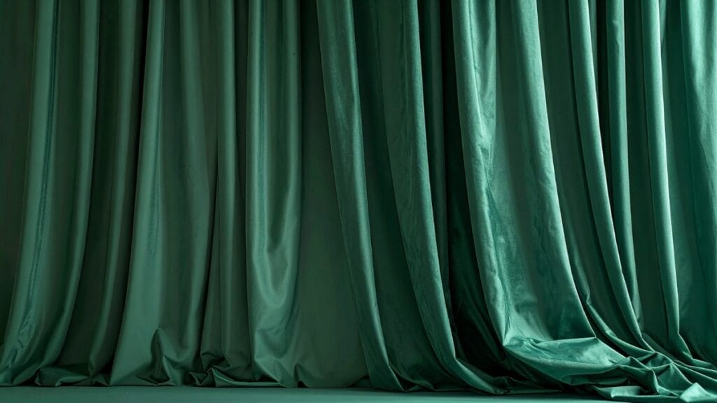 Luxurious velvet curtain fabric in rich green tones, adding sophistication