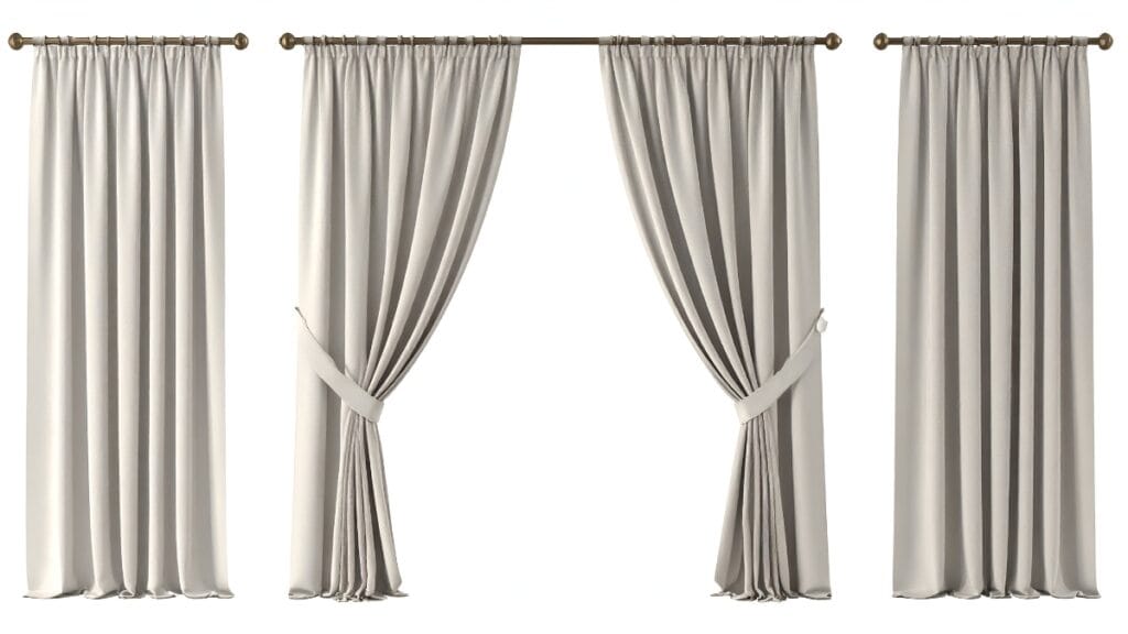 Modern curtain fabric in neutral beige tones with soft pleats