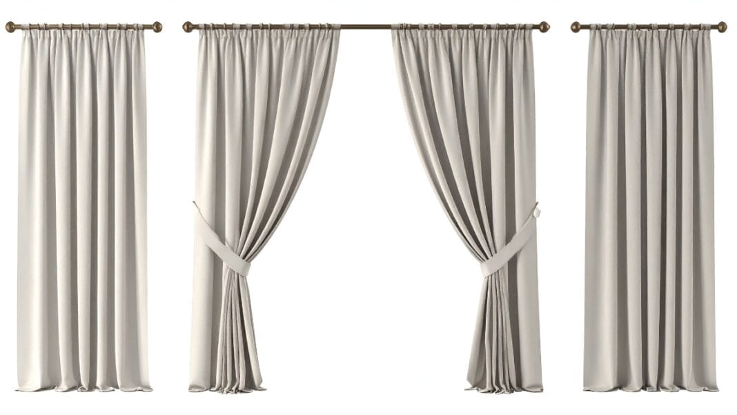 Modern curtain fabric in neutral beige tones with soft pleats