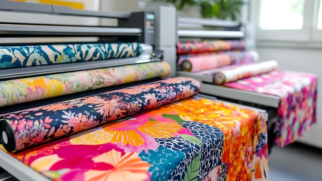 Rolls of colorful fabric in a print shop, representing the vibrant variety of textiles used in design