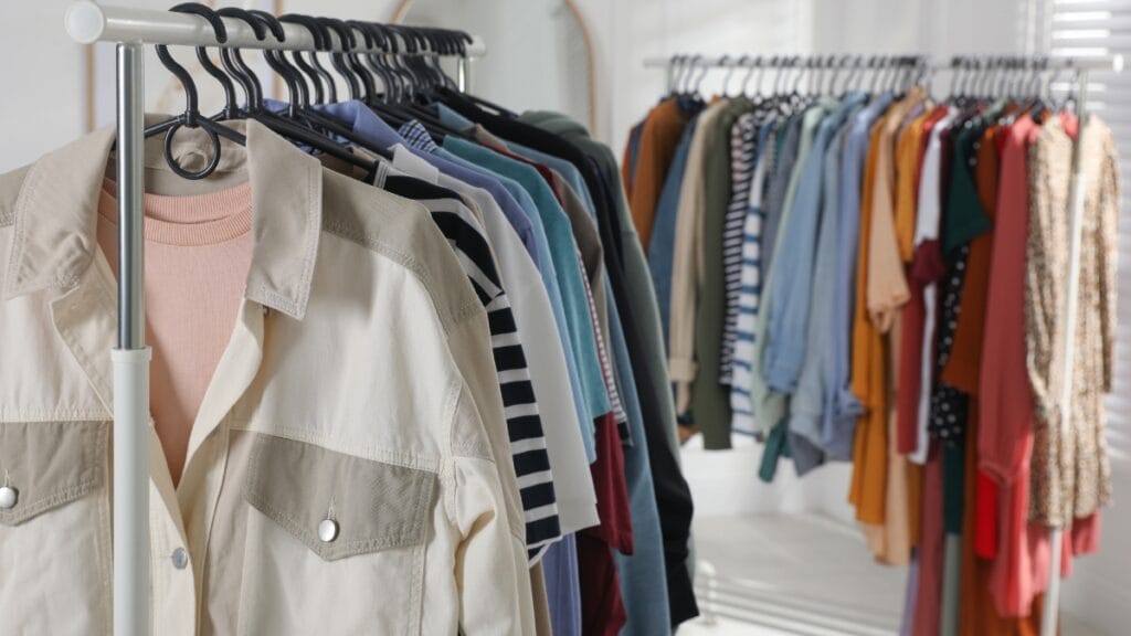 A variety of clothes hanging on a rack showcasing different fashion materials and colors