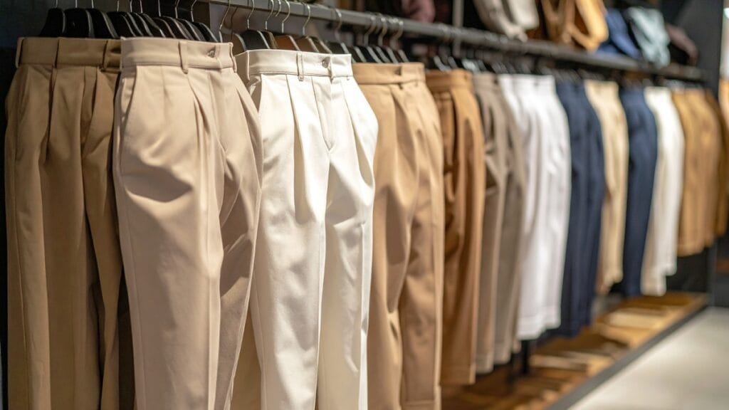 Different types of trousers hanging in a store, showcasing various styles and fabrics