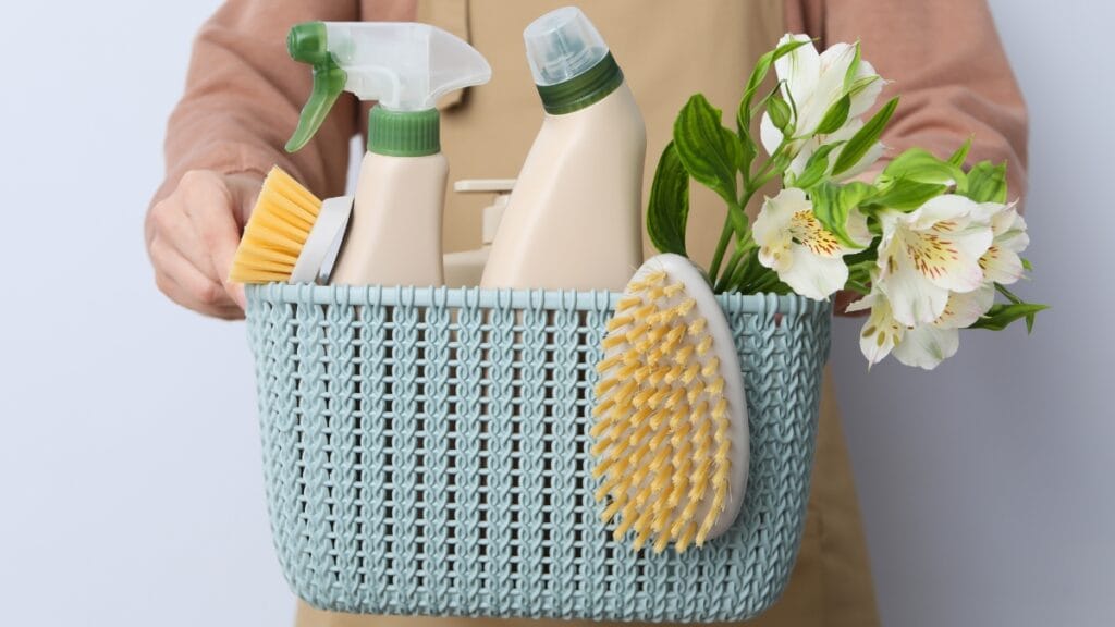Basket of cleaning products and tools for maintaining trousers