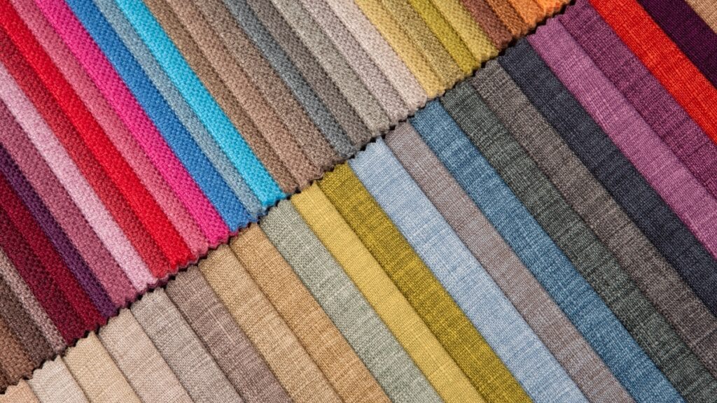 Upholstery fabric strips in multiple colors, highlighting different textures and patterns