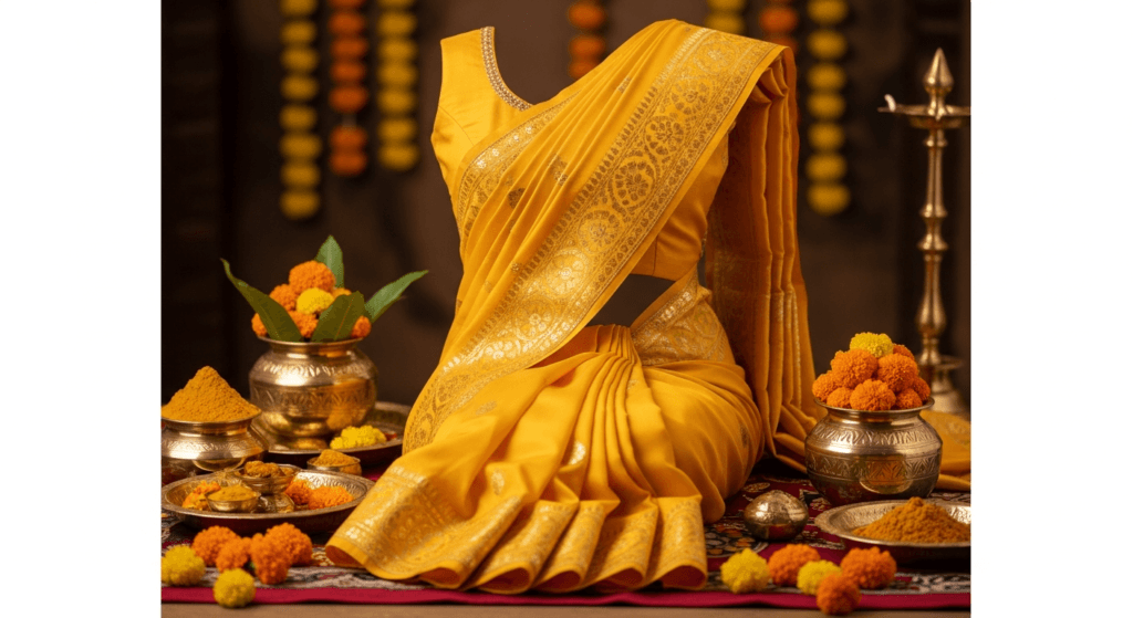 A bride wearing a bright yellow saree, standing outdoors with soft sunlight, highlighting the festive Haldi look.