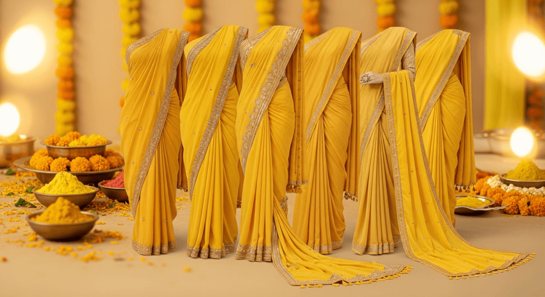 A bride wearing a bright yellow saree, standing outdoors with soft sunlight, highlighting the festive Haldi look.