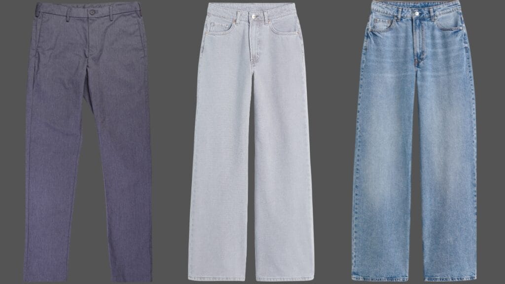 Three different types of pants, including pleated trousers, wide-leg denim, and light wash jeans