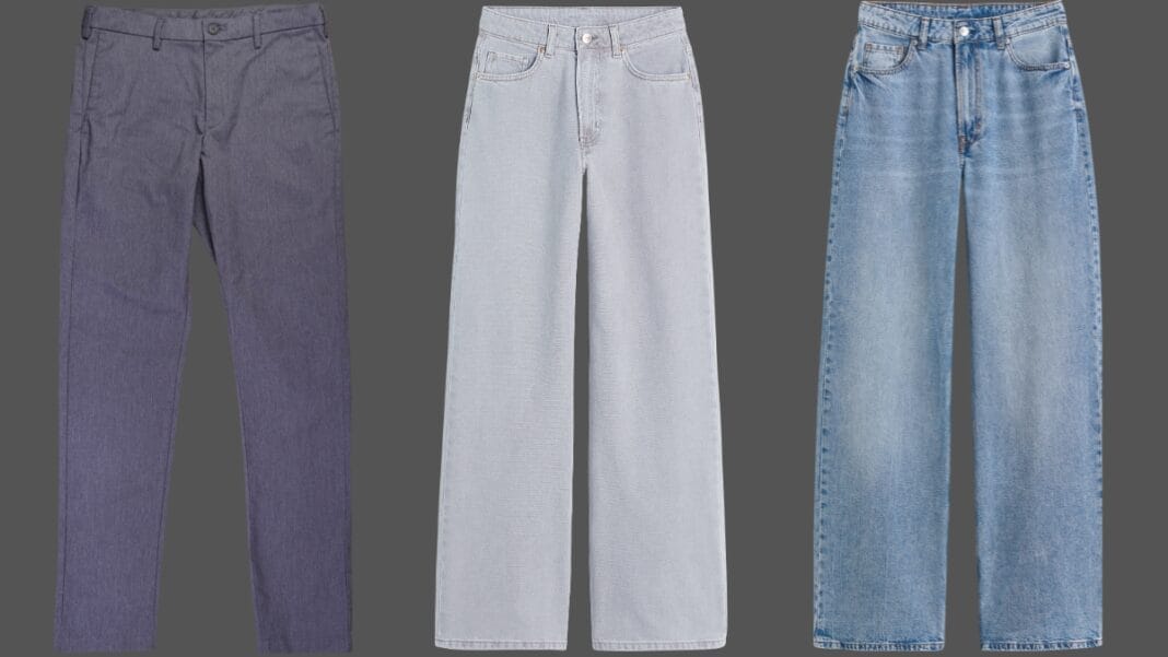 Three different types of pants, including pleated trousers, wide-leg denim, and light wash jeans