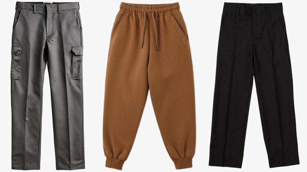 A mix of cargo pants, sweatpants, and dress pants, highlighting casual and formal types of pants