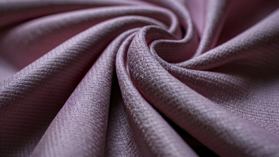 A close-up shot of pink nylon fabric swirled into a spiral pattern, showing its smooth and reflective surface