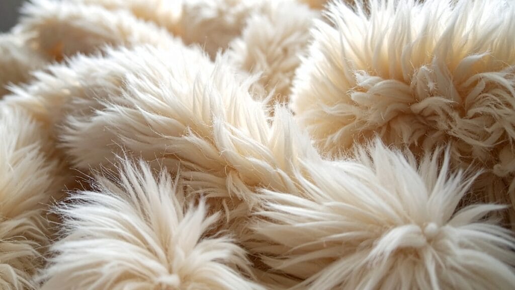 Extreme close-up of soft cream-colored long-pile faux fur showing the fiber direction and nap