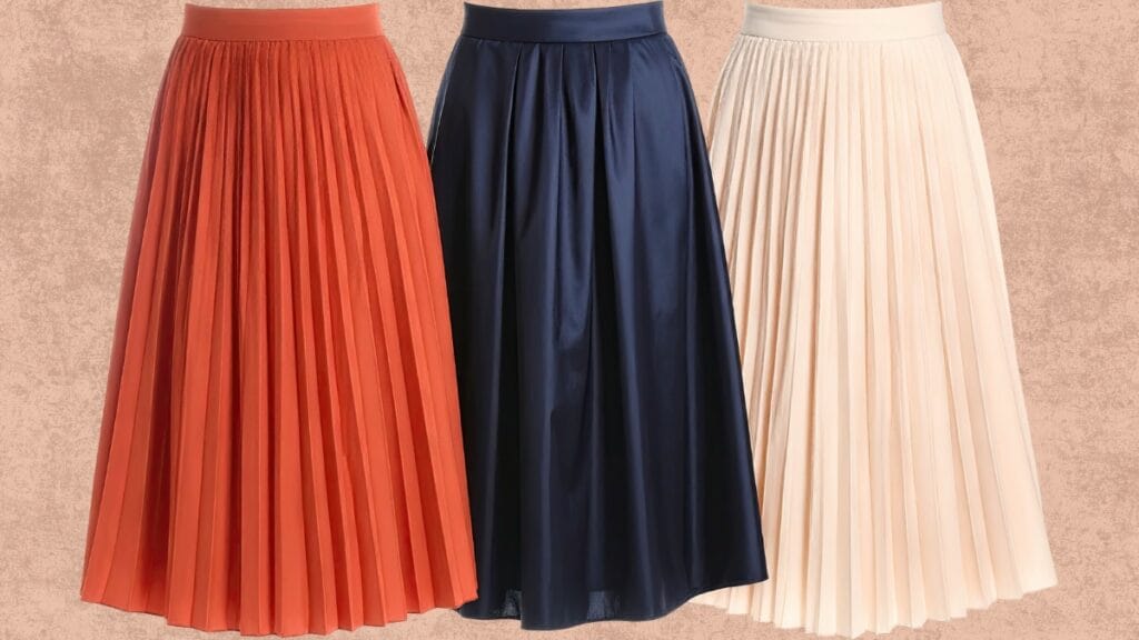 Three pleated skirts in vibrant colors, showcasing the beauty of pleated skirt fabrics