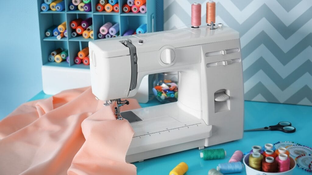 A sewing machine with colorful threads, perfect for working with apparel sewing fabric
