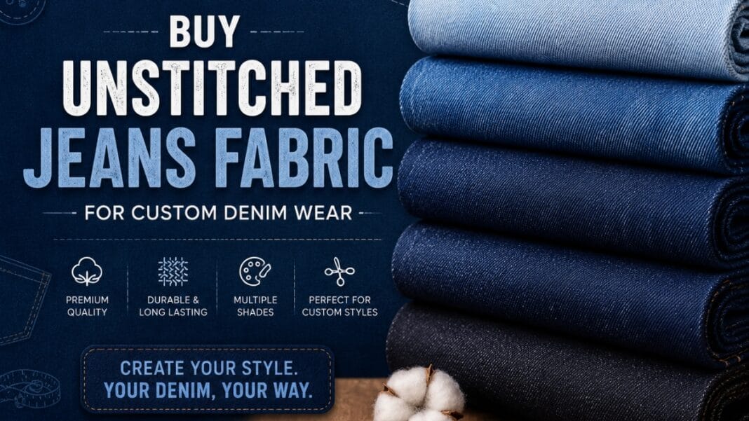 Buy Unstitched Jeans Fabric for Custom Denim Wear A stack of unstitched denim fabric rolls in shades of blue, labeled