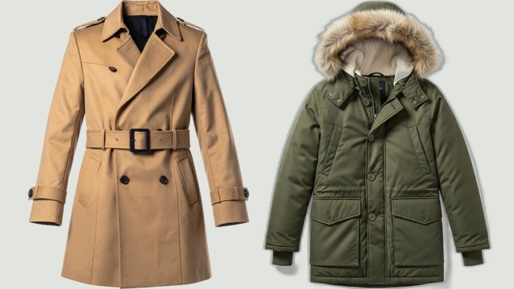 Comparison of a tan trench coat and green parka coat for cold weather
