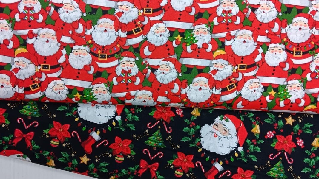 A collage showcasing various Christmas fabric designs in red, green, and gold, including plaid, snowflakes, holly, and reindeer patterns.