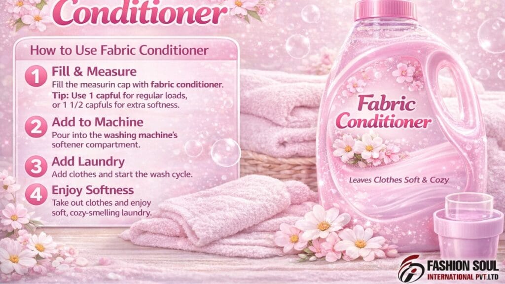 A pink bottle labeled “Fabric Conditioner” sits beside soft pink towels and pink flowers. A small measuring cup is visible. On the left, a pink-tinted panel lists four steps: 1) Fill & Measure — fill the measuring cap with fabric conditioner (tip: use 1 capful for regular loads or 1½ capfuls for extra softness); 2) Add to Machine — pour into the washing machine’s softener compartment; 3) Add Laundry — add clothes and start the wash cycle; 4) Enjoy Softness — take out clothes and enjoy soft, cozy-smelling laundry. Branding at the bottom reads “FASHION SOUL INTERNATIONAL PVT. LTD.”