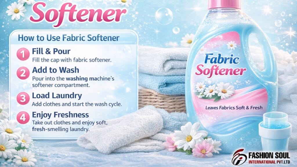 A promotional shot of a blue fabric softener bottle with a pink cap, labeled “Fabric Softener” and “Leaves Fabrics Soft & Fresh.” The background features a light blue gradient with white daisies and towels (white and blue) piled in the foreground. On the left, a blue-bordered panel titled “How to Use Fabric Softener” lists four steps: 1) Fill & Pour — fill the cap with fabric softener; 2) Add to Wash — pour into the washing machine’s softener compartment; 3) Load Laundry — add clothes and start the wash cycle; 4) Enjoy Freshness — take out clothes and enjoy soft, fresh-smelling laundry. Branding at the bottom right reads “Fashion Soul International Pvt. Ltd.”