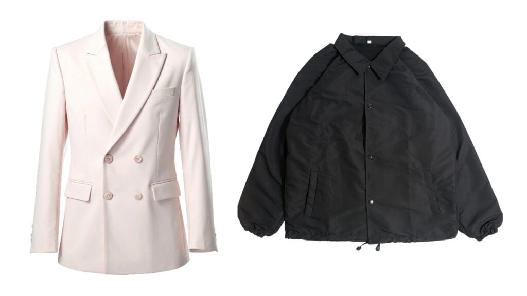 Fashionable pink double-breasted blazer and black puffer jacket side by side, showcasing different styles