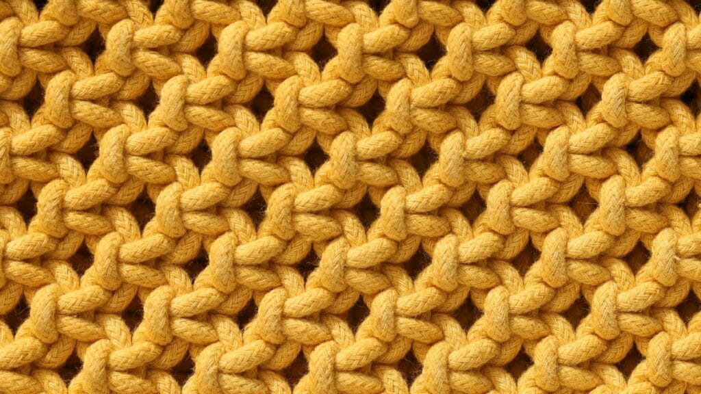 Close-up texture of yellow knit fabric showing detailed knitted stitches pattern.
