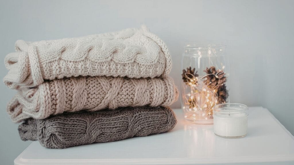 Cozy knit wander mix color shaggy knit hoodie​ stacked with a candle and pinecones for a warm, inviting atmosphere