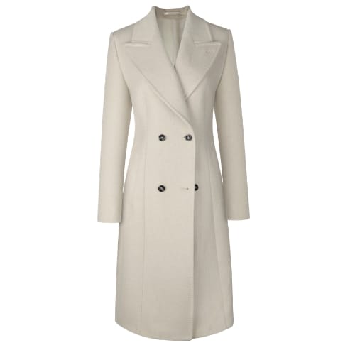 Full-length light beige wool coat with a double-breasted front featuring four dark buttons. Notched lapels, long sleeves, and a tailored, feminine silhouette. The coat is displayed against a plain white background.