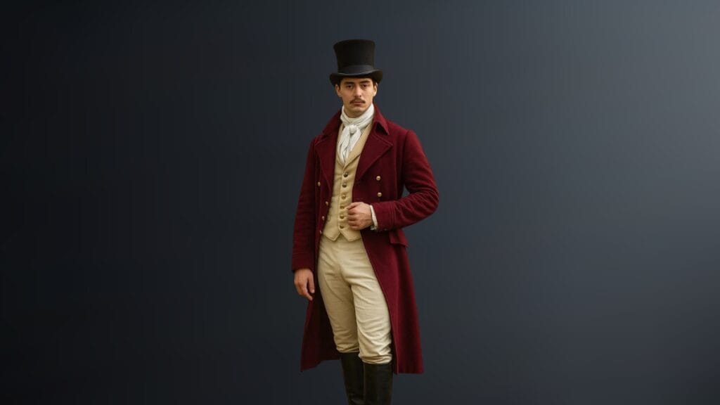 A young man in 19th-century men’s fashion, wearing a black top hat, a dark red overcoat, a cream waistcoat, and light trousers, posed indoors against a dark background.
