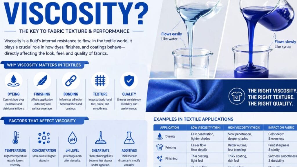  Promotional infographic about viscosity—defines viscosity as a fluid’s resistance to flow and explains how it affects fabric texture, dyeing/finishing performance, and application outcomes (thin/low viscosity flows like water vs thick/high viscosity flows like syrup).