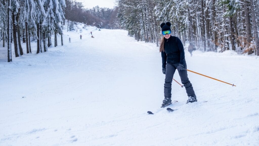 “A skier wearing a dark jacket, ski pants, and a helmet skis downhill on a snowy slope, with tall snow-covered trees lining both sides of the trail and other skiers visible in the distance.