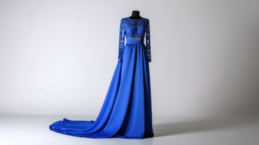 A woman’s blue abaya dress displayed on a mannequin, featuring a lace-embroidered bodice with long sleeves and a flowing floor-length skirt.
