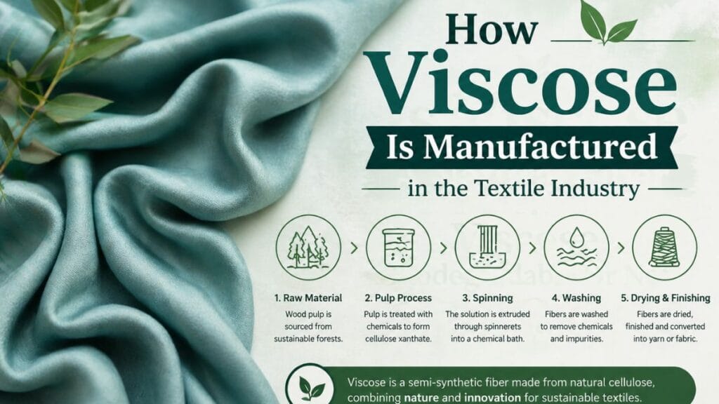 How viscose is manufactured in the textile industry, showing a silk-like blue fabric background with step-by-step icons and text explaining raw material, pulp processing, spinning, washing, and drying/finishing.