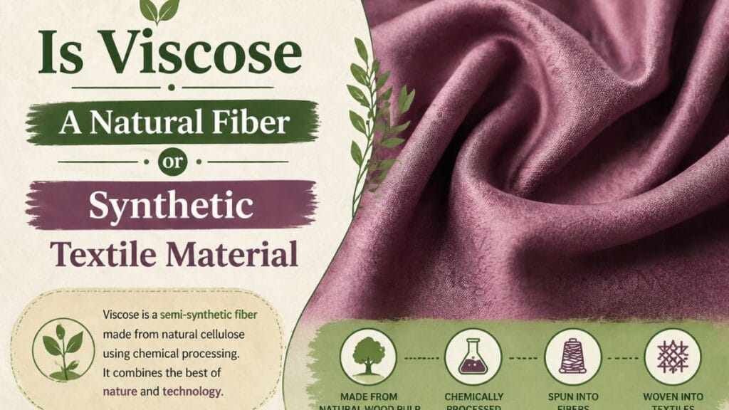 Infographic titled “Is Viscose A Natural Fiber or Synthetic Textile Material,” explaining that viscose is a semi-synthetic fiber made from natural cellulose using chemical processing, with step-by-step icons showing cellulose → chemical processing → spinning into yarn → woven fabric.