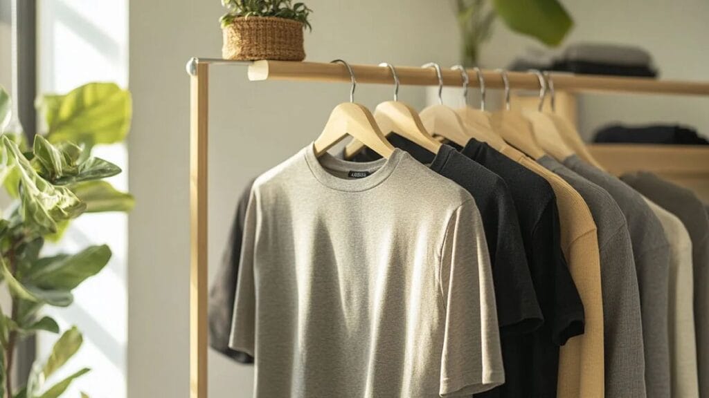 Minimalist clothing rack with neutral-colored t-shirts hanging on wooden hangers in a bright, modern interior with plants.