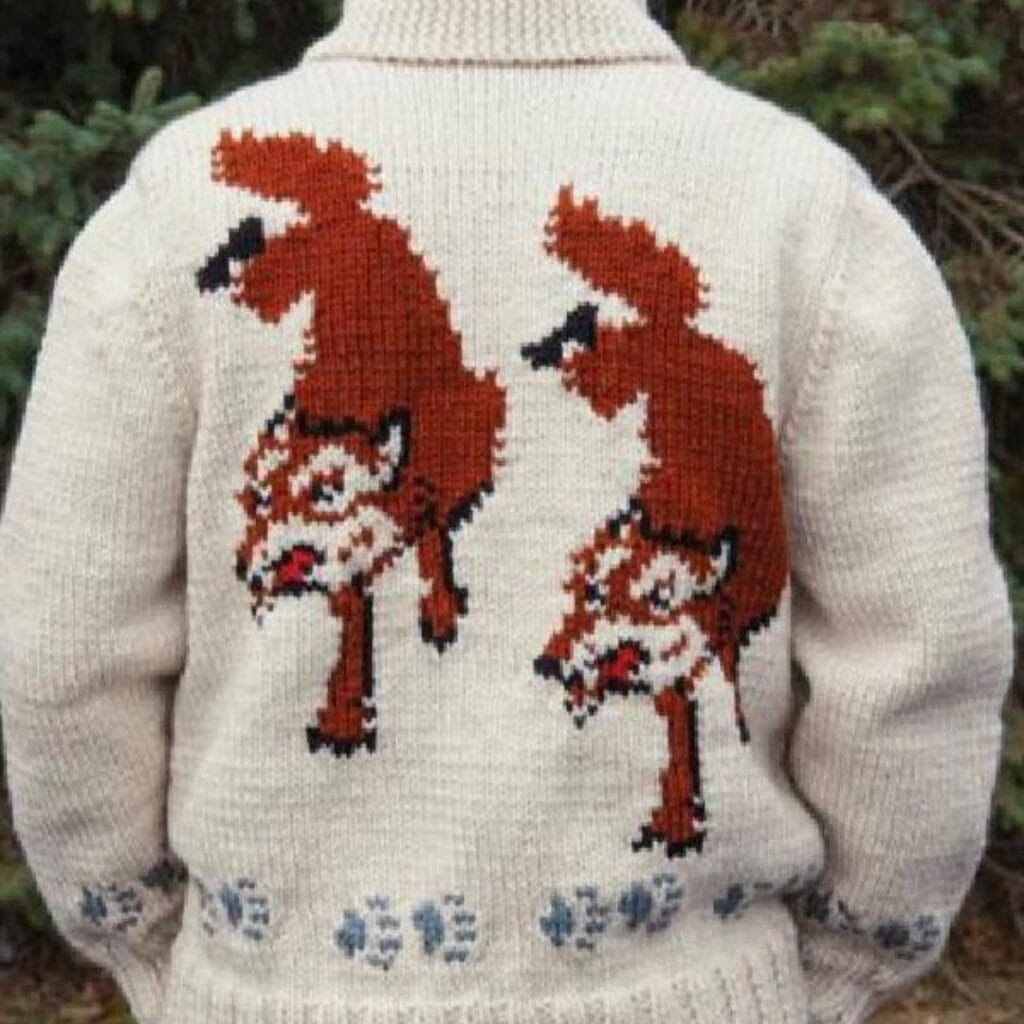 Two cartoon wolf characters wearing a cozy knitted cardigan with red-brown fur, standing side by side on the back design.