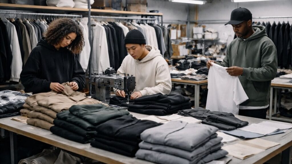 Streetwear production team sewing and inspecting garments in a clothing factory with stacks of hoodies and apparel on worktables