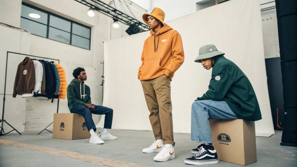Three models wearing casual streetwear outfits in a studio setting, featuring hoodies, jackets, and sneakers.