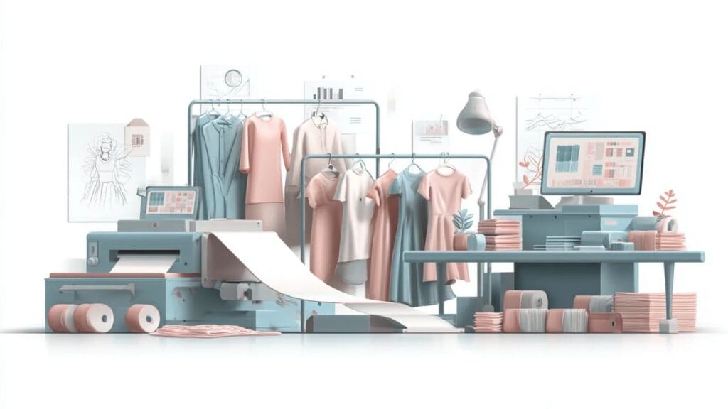 Fashion design studio setup with clothing racks, fabric rolls, printing machine, and computer for garment production.