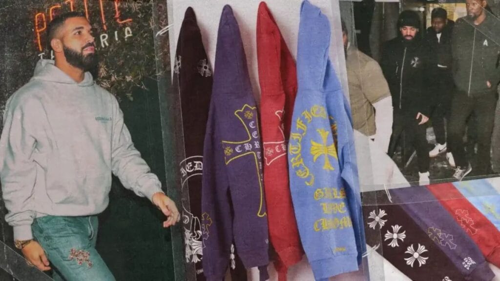 Collage featuring a man in a gray hoodie walking, alongside a display of colorful graphic hoodies and streetwear-style outfits.