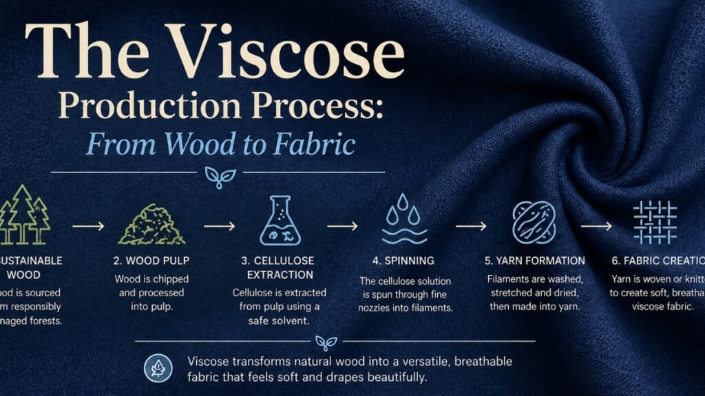 Navy blue viscose fabric banner illustrating “The Viscose Production Process: From Wood to Fabric” with step-by-step icons showing wood sourcing, pulp processing, cellulose extraction, spinning, yarn formation, and fabric creation.