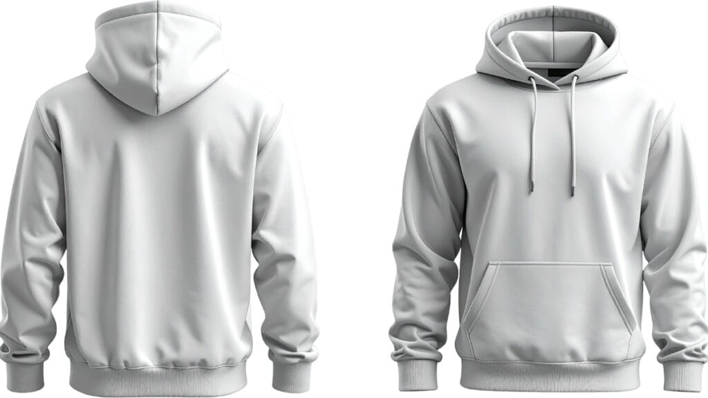 A studio product image showing a light gray pullover hoodie from the back and front views, with a hood, drawstrings, long sleeves, and ribbed cuffs and hem.