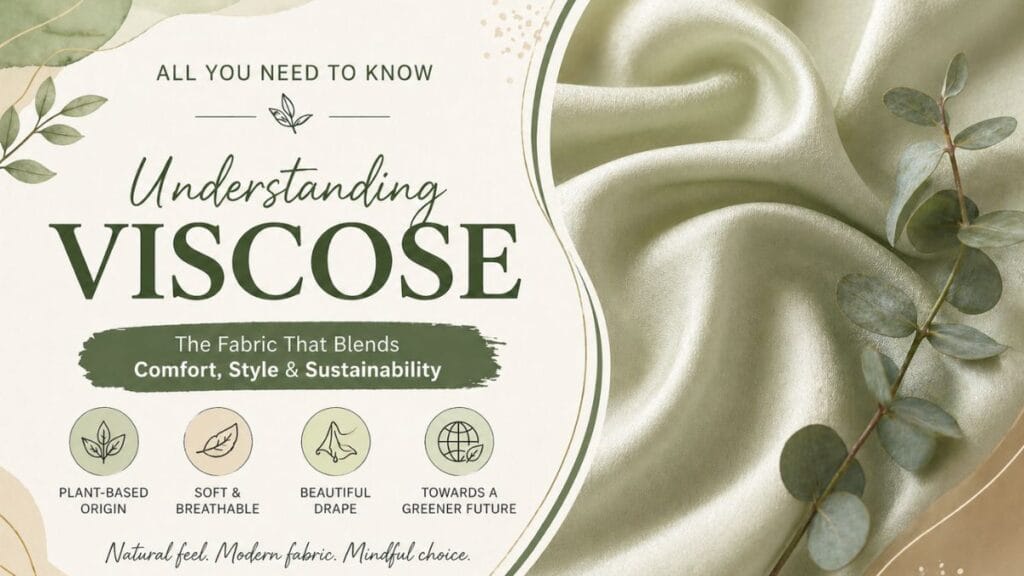 Promotional banner about viscose fabric, featuring the text “Understanding VISCOSE” with claims like plant-based origin, soft and breathable, beautiful drape, and a greener future, over a satin-like green fabric background.