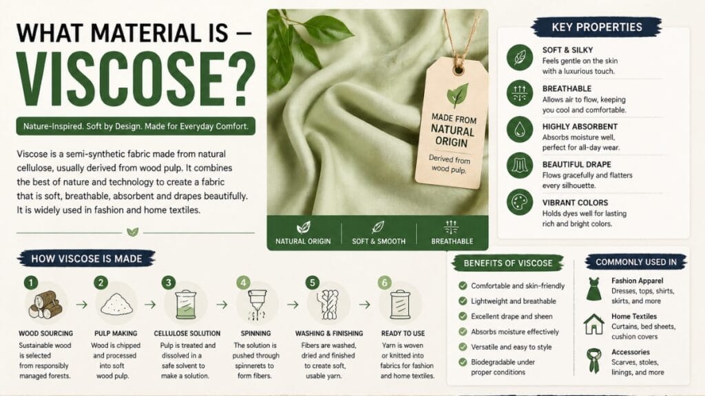 What Material is Viscose? A fashion infographic with green typography over a folded sage-green fabric background, describing viscose as a semi-synthetic fabric from natural wood pulp. It includes a ‘Key Properties’ panel (soft and silky, breathable, highly absorbent, beautiful drape, vibrant colors), a benefits section, and a diagram showing how viscose is made and where it’s commonly used.