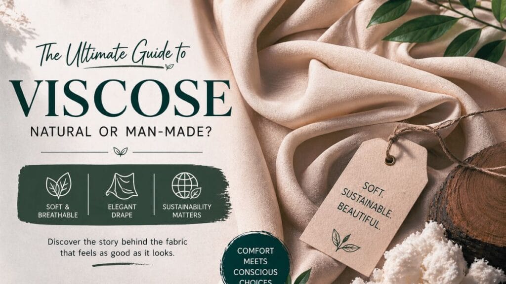 Textured beige fabric banner titled “The Ultimate Guide To Viscose,” asking “Natural or Man-Made?,” with icons about softness, elegant drape, and sustainability, plus fabric and tagged “SOFT. SUSTAINABLE. BEAUTIFUL.”