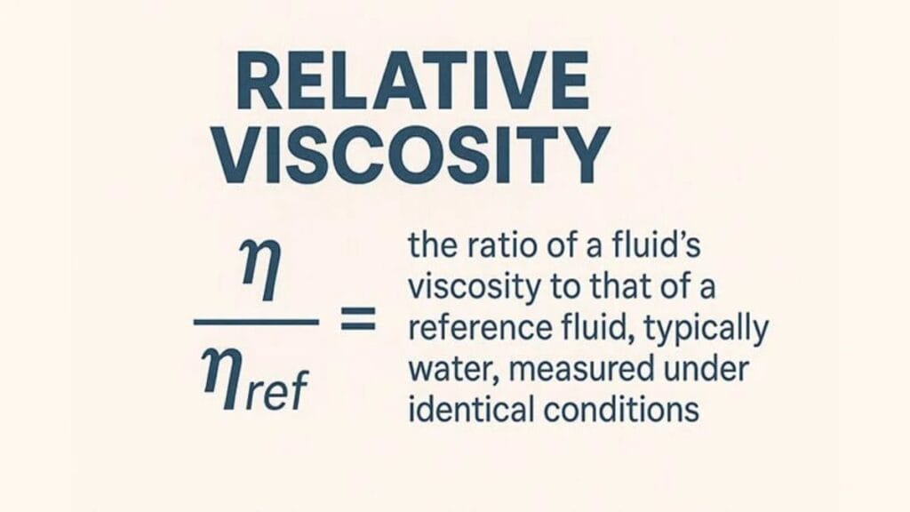 Diagram explaining relative viscosity with formula η divided by η reference, describing comparison of a fluid’s viscosity to a standard fluid like water